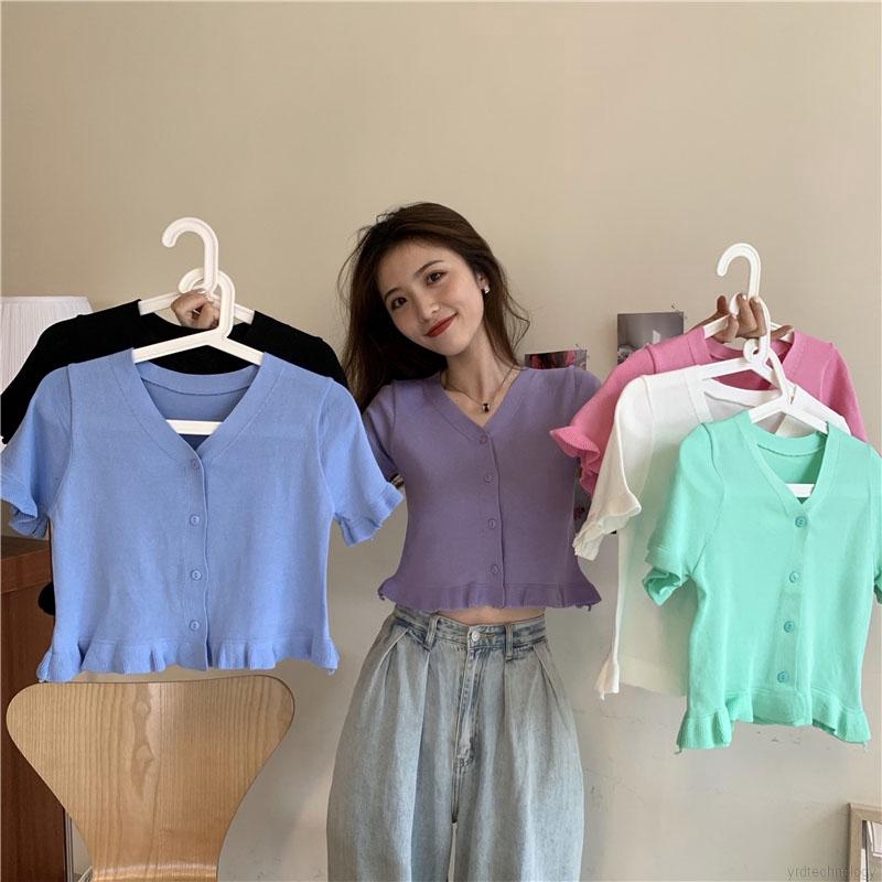 Áo Thun Nữ Cổ Chữ V Phối Bèo Phong Cách Hàn Quốc Xinh Xắn