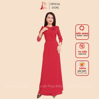 Áo dài trơn lụa Nhật cổ tròn màu đỏ tay bồng A03