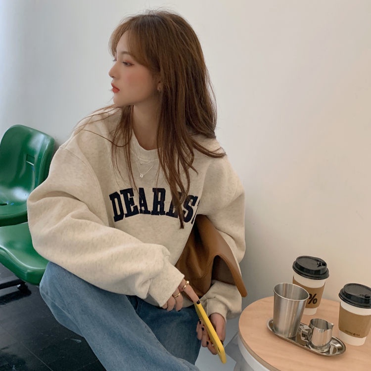 Áo sweater cổ tròn thêu chữ thời trang thu đông cho nữ