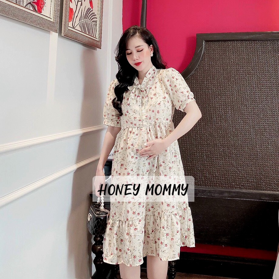 Váy Bầu Hoa Nhí Cho Con Bú Cổ Nơ HD2832 Honey Mommy Đầm Bầu Hè Ngắn Tay Công Sở Đi Chơi Đuôi Cá