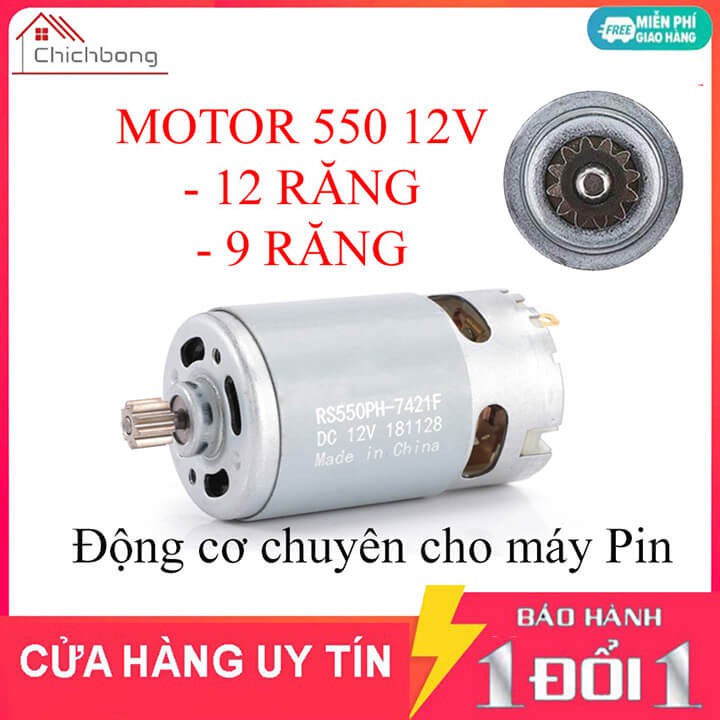 Motor DC RS 550 12V công suất cao có sẵn bánh răng chuyên cho máy pin 12V 9 răng, 12 răng