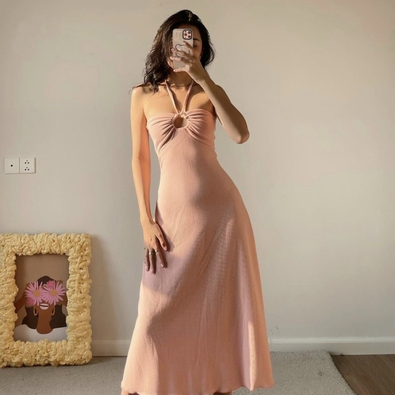 🦋Sét Đầm Hồng Khoét Ngực Kèm Áo Khoác Crop🦋