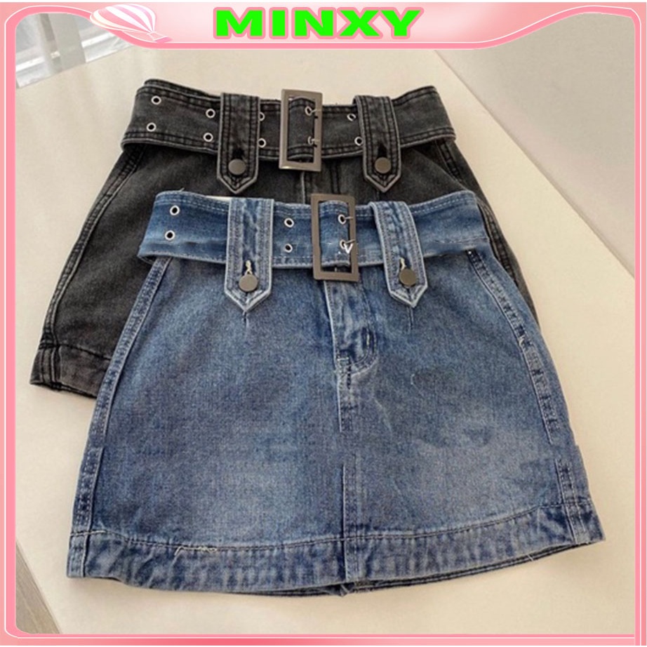 Chân váy jean chữ A kèm đai cá tính chất đẹp,đủ size S.M.L 2 màu-Minxy shop