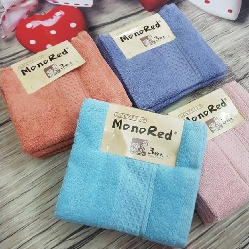 Set 3 khăn mặt MONO RED xuất Nhật kích thước 34 x 34cm - 100% cotton , dày dặn, mềm mại, hàng cao cấp (Mầu ngẫu nhiên)