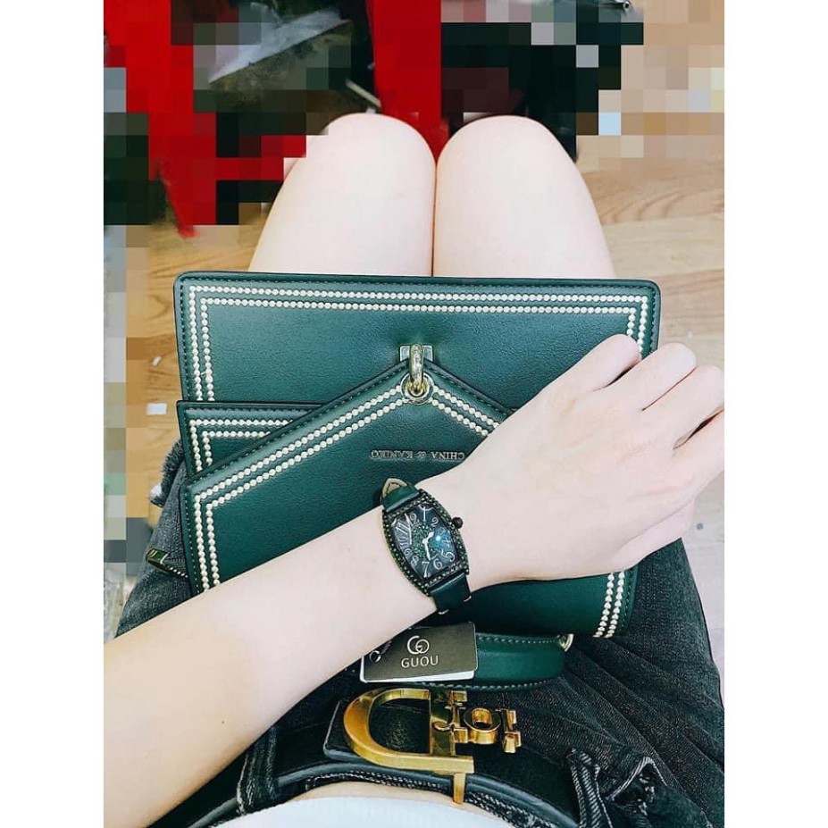 Đồng hồ g.u.o.u mặt full đá màu xanh ngọc cực xinh , dây da bên mềm dẻo, mặt đính đá tinh xảo donghoguou | BigBuy360 - bigbuy360.vn