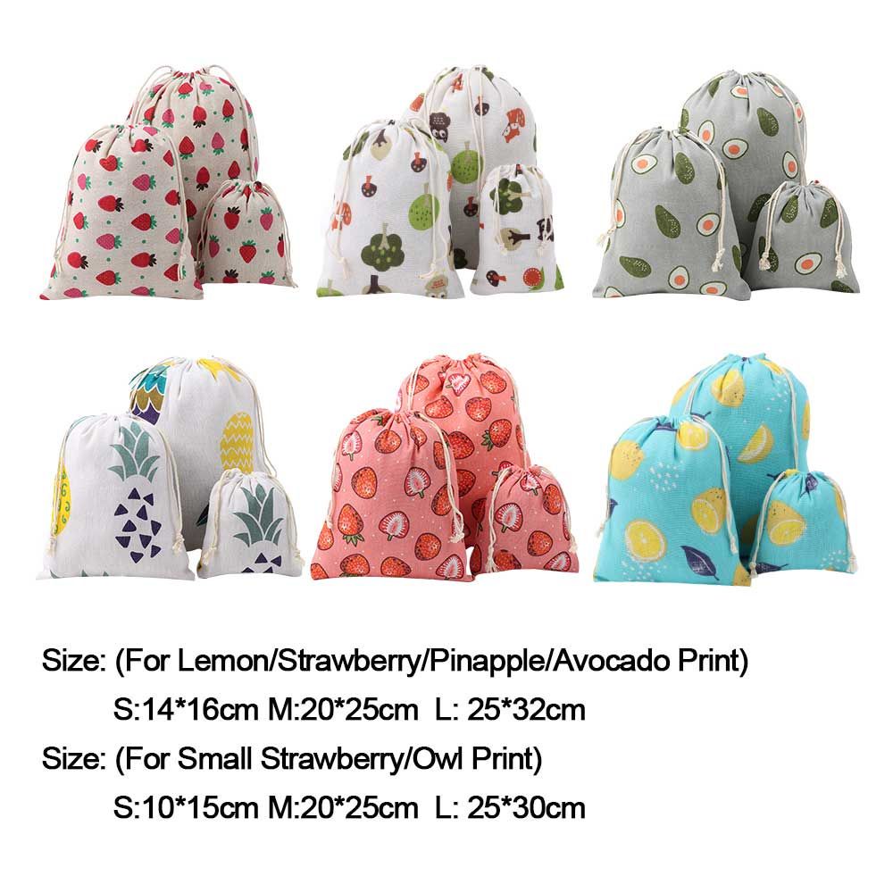 Túi dây rút bằng vải lanh cotton chống bụi in họa tiết trái cây dùng đựng đồ trang điểm