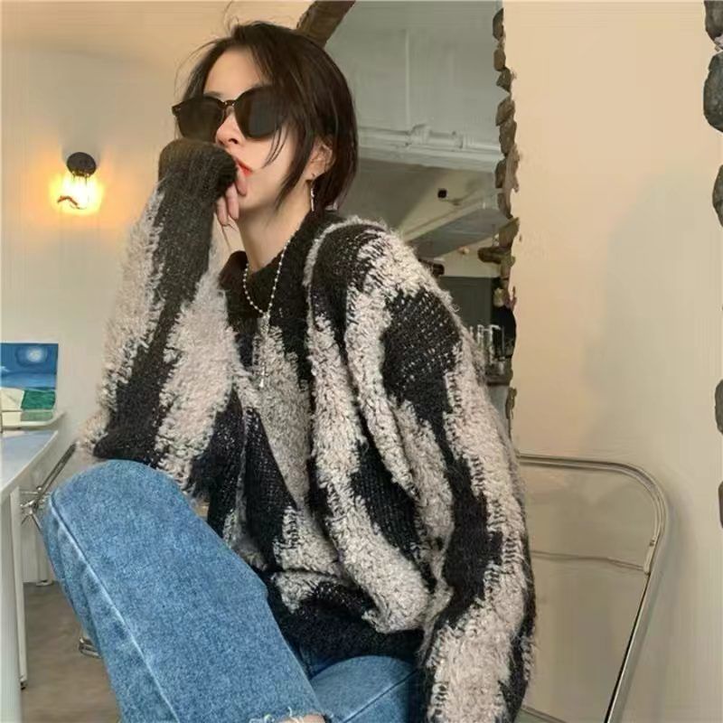 Áo Sweater Dáng Rộng Họa Tiết Sọc Caro Phong Cách Retro Nhật Bản Cho Nữ
