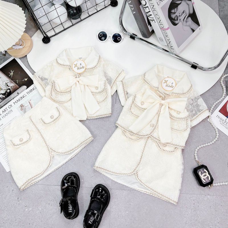 Set  ren nơ ngực cổ sen màu kem xinh xắn bé gái