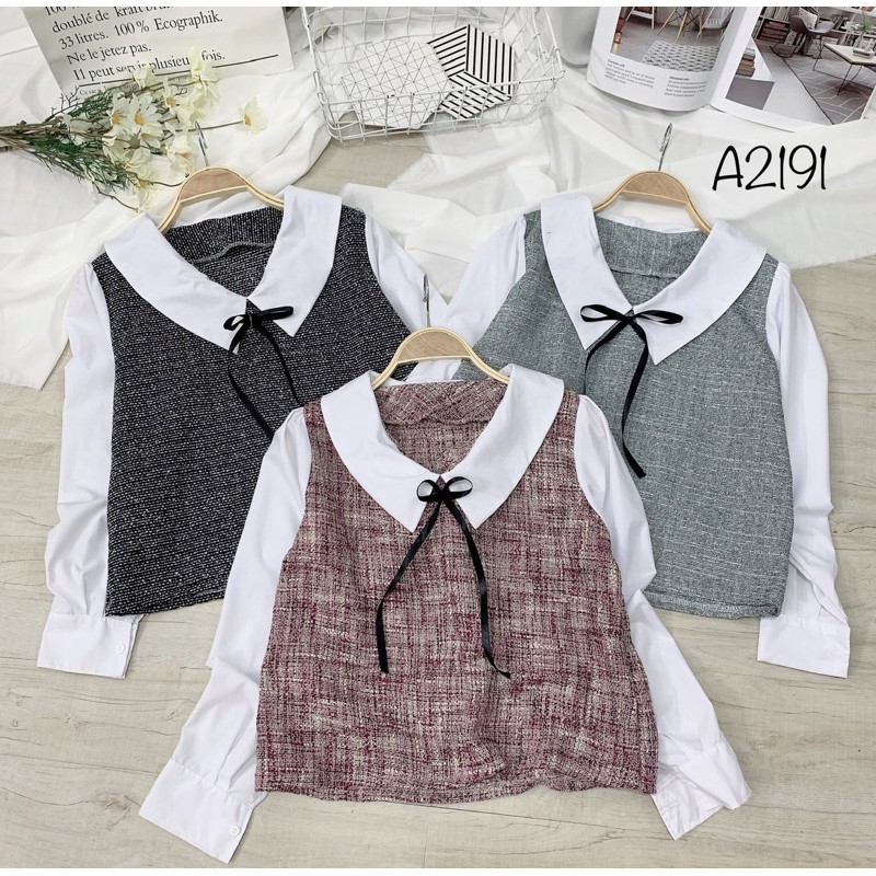 Áo dạ bố cổ sen phối sơmi
