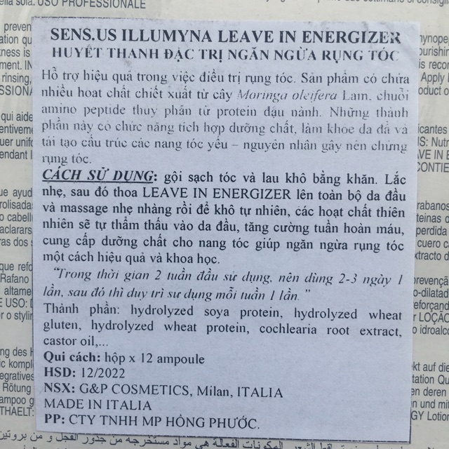 HUYẾT THANH CHỐNG RỤNG TÓC VÀ KÍCH THÍCH MỌC TÓC SENSUS ILLUMINA LEAVE IN ENERGIZER 12x 10ml