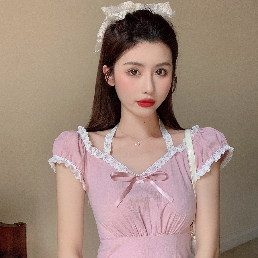 Đầm hồng dây ren thắt nơ sau dễ thương LUNA DRESS (Kẽ