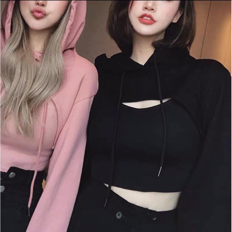Set Áo Hoodie croptop Sporty kèm áo 2 dây trắng đen xám hồng