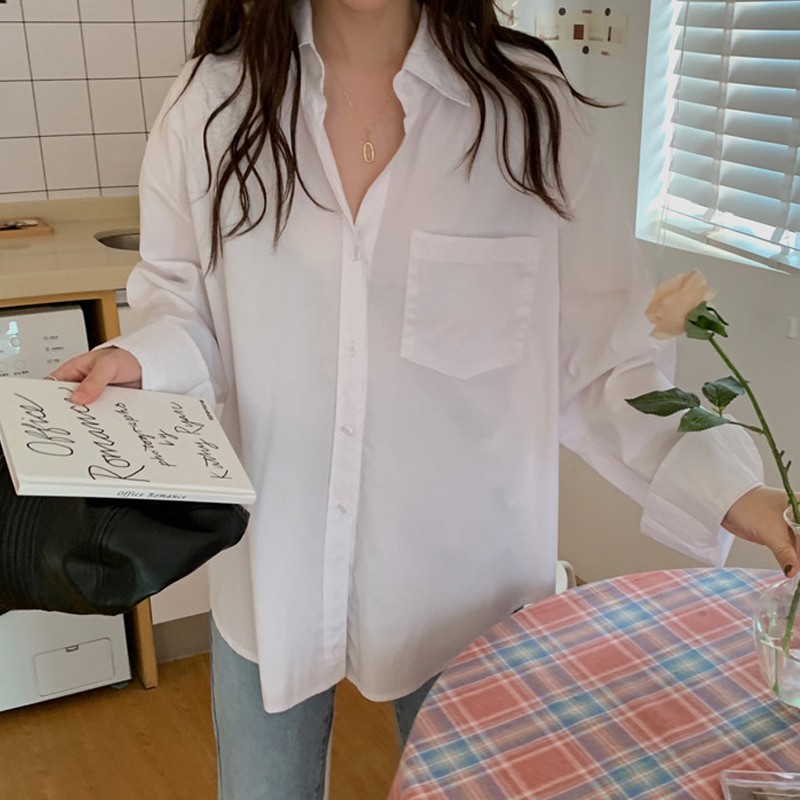 [Có sẵn] ÁO SƠ MI TRẮNG LỤA HÀN ULZZANG BASIC DÁNG RỘNG TAY BỒNG TRƠN