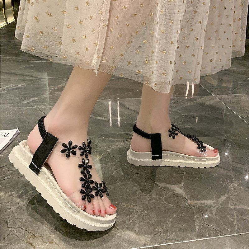 Giày Sandal Đế Xuồng Trong Suốt Đính Đá Thời Trang Hè 2021 Cho Nữ