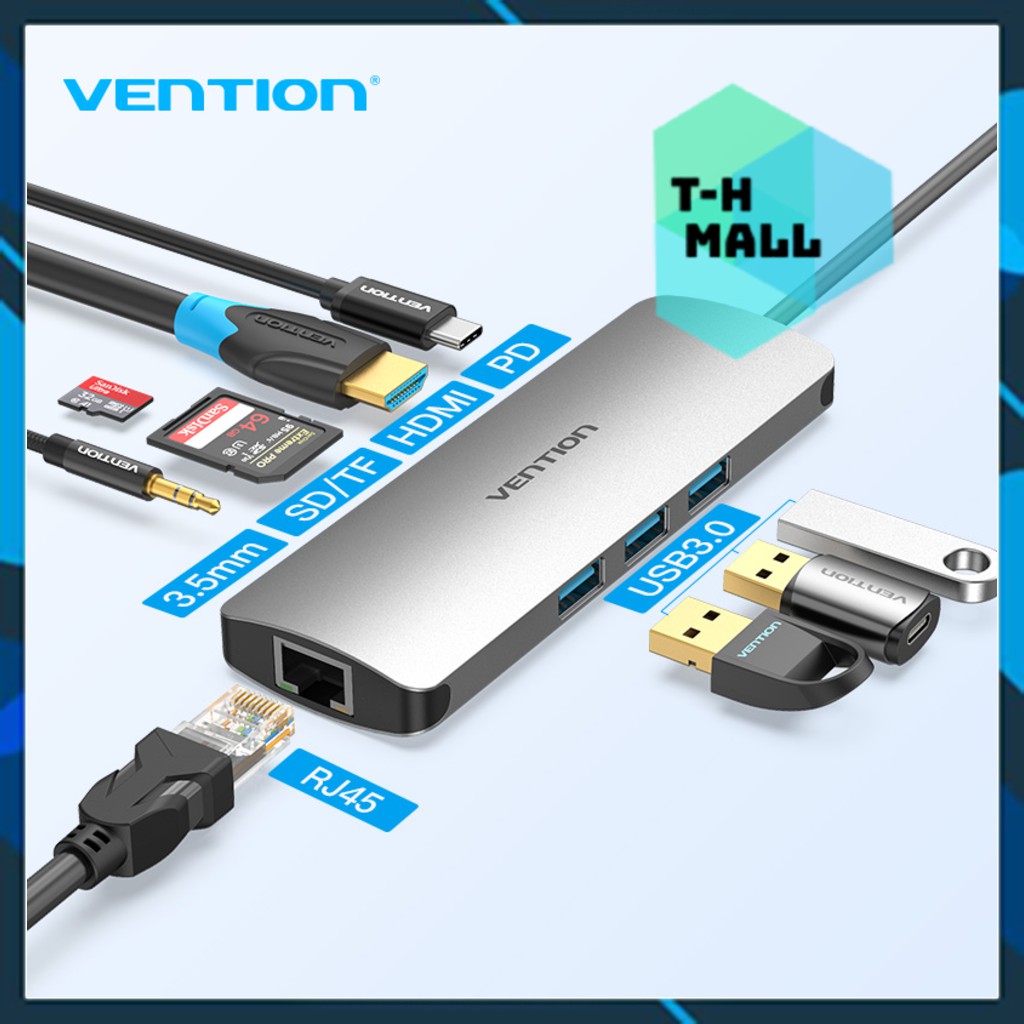 Bộ Hub chuyển đổi chia cổng 9 trong 1 VENTION USB type C sang HDMI USB 3.0 Gigabit RJ45 dành cho Macbook Pro 9 in 1