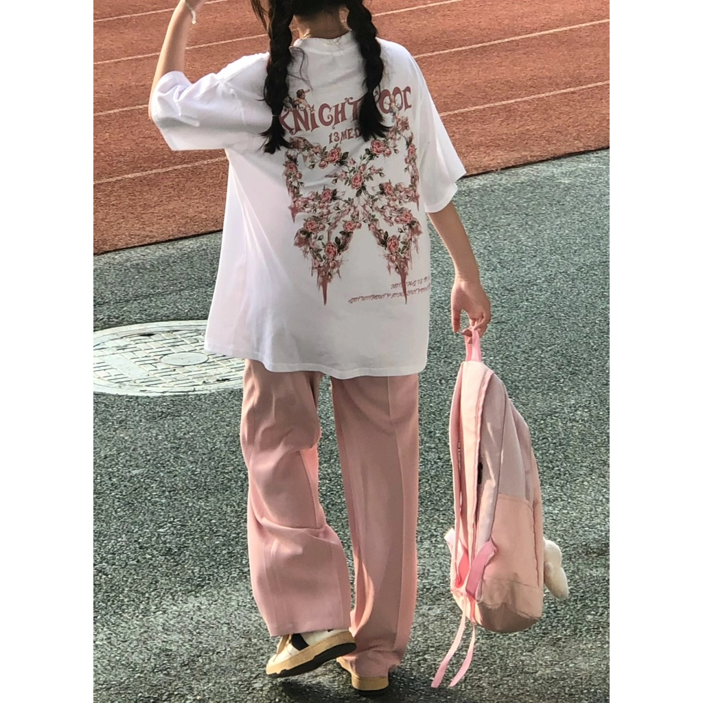 Áo thun XIAOZHAINV dáng rộng ngắn tay in họa tiết hoa và bướm phong cách retro cho nữ