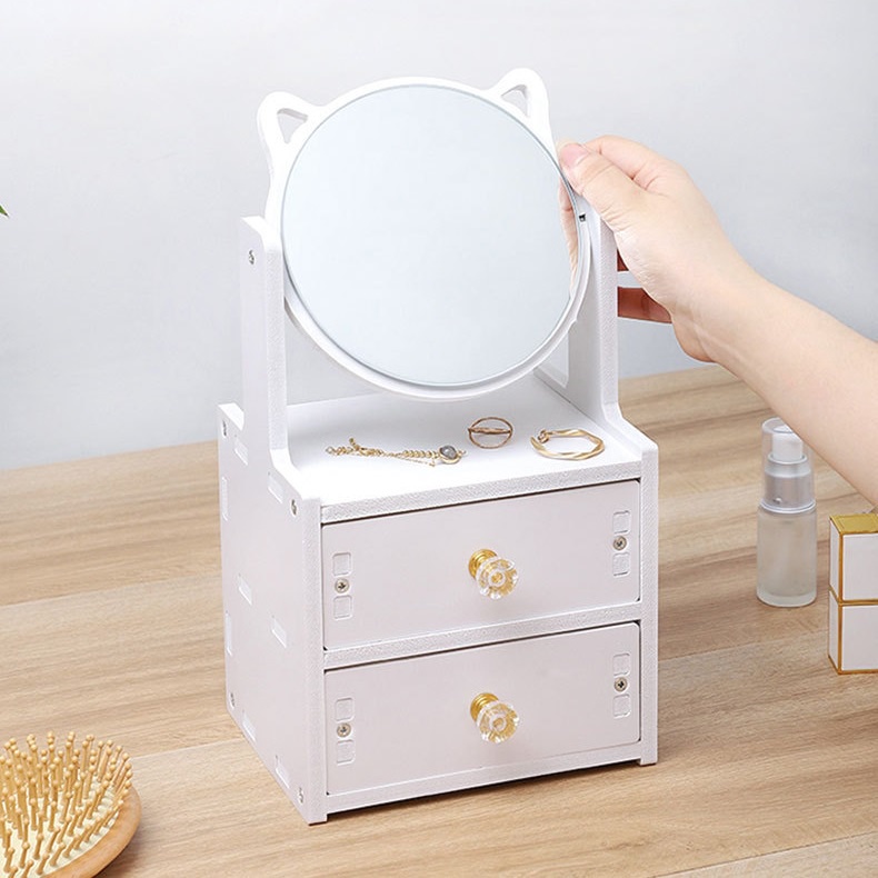 Bàn Trang Điểm Mini Kèm Gương Tai Mèo 2 Tầng Có Ngăn Kéo Siêu Yêu