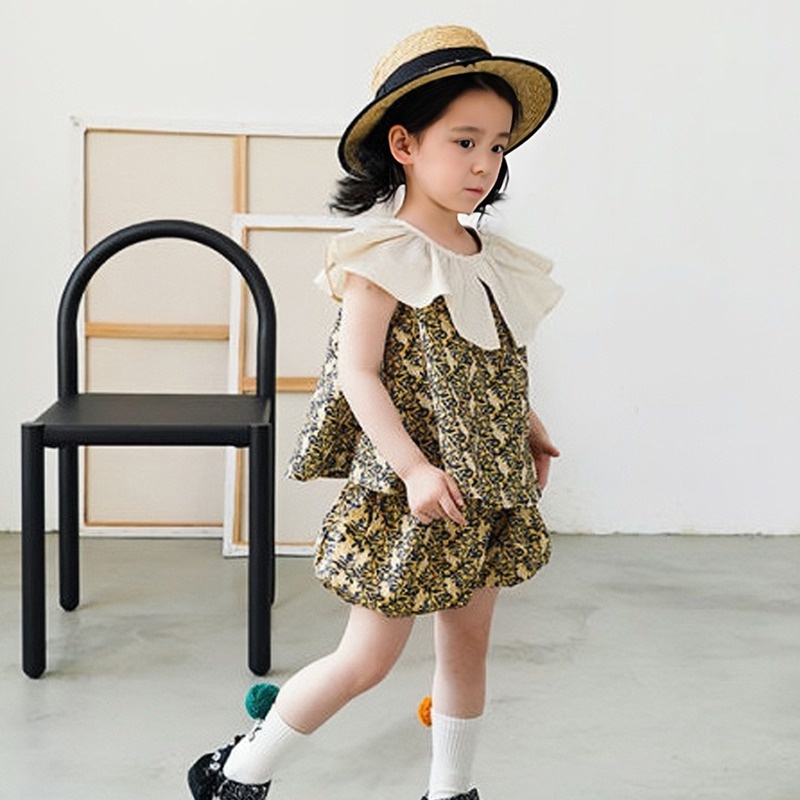 Set Bé Gái Bộ Áo Sát Nách Cổ Bèo In Hoa + Quần Short Thời Trang Mùa Hè Hàn Quốc Cho Bé Gái Se7en