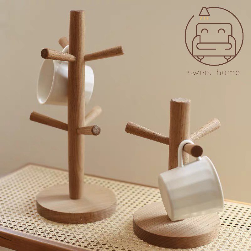 Kệ giá treo ly, cốc 6 móc bằng gỗ thông cao cấp