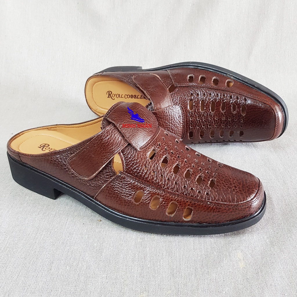 Giày Sục Nam Da Bò Dép SaBo Nam Bít Mũi có KHÂU ĐẾ Rọ nam đục lỗ mùa hè thoáng khí R-1 màu nâu