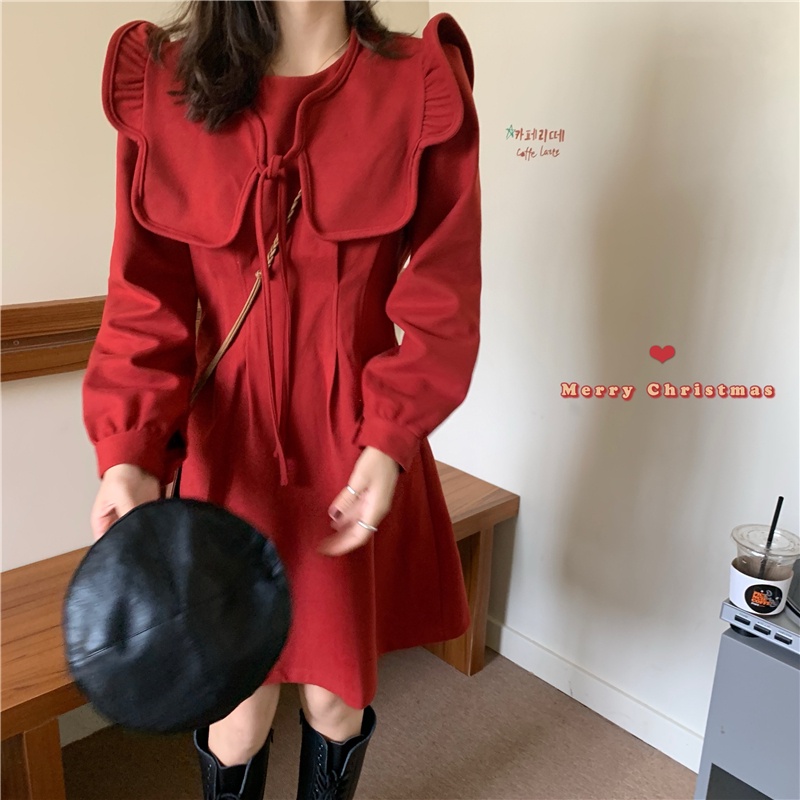 ĐẦM BABYDOLL NỮ NHUNG TĂM DÁNG XOÈ CỔ TRÒN BÈO TIỂU THƯ CỔ RỜI TAY DÀI MẶC ĐƯỢC HAI KIỂU MÀU ĐỎ ĐẬM