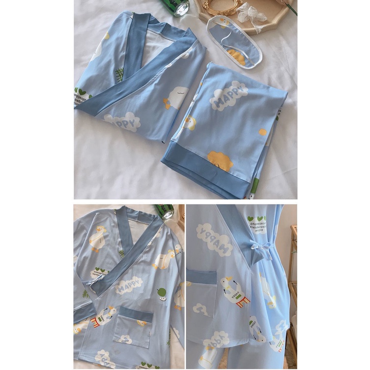 Bộ đồ ngủ pyjama có dây eo họa tiết hình dễ thương chất liệu thun sữa mềm mịn ( tà đắp chéo )