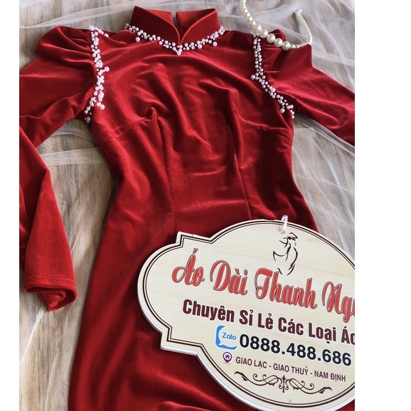 Áo Dài Nhung Đỏ Cổ Sen Tay Bồng Đính Ngọc - Áo Dài Nhung Trơn Màu Đô
