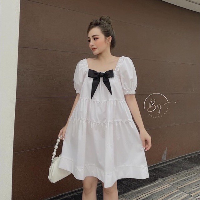 [Siêu Hot] Váy Thô Babydoll Nơ Ngực Tay Phồng 3 Màu, Đầm Nữ Thô Dáng Xoè Siêu Xinh Có Ảnh Thật Kèm Video