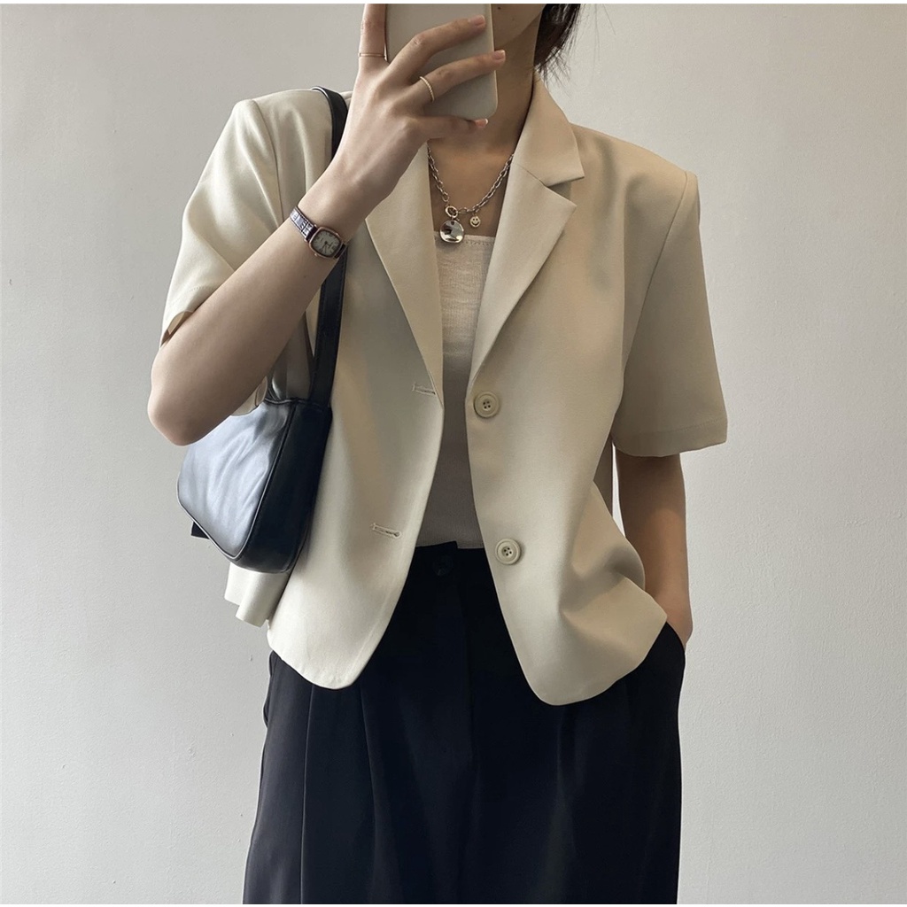 `[Ảnh thật/Sẵn] Áo vest cộc tay dáng ngắn/ Áo blazer tay lỡ dáng croptop có đệm vai