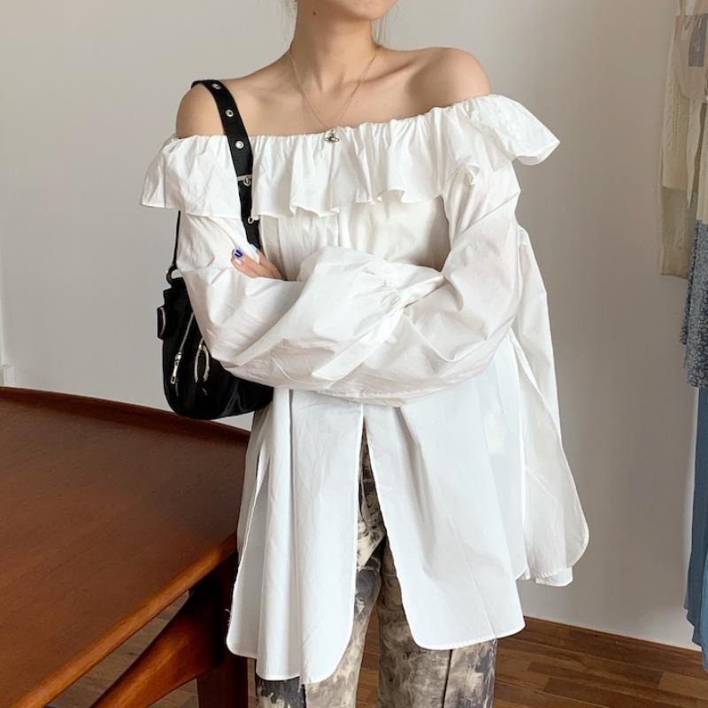 Áo Sơ Mi Nữ Dáng Rộng Tay Dài Hở Vai Thiết Kế Xẻ Tà