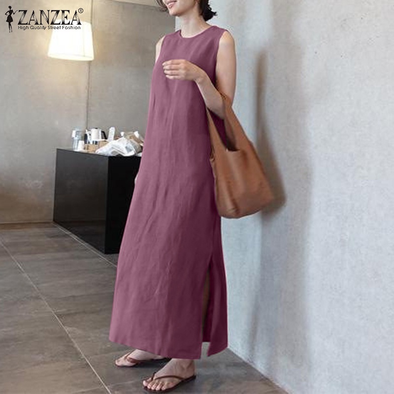 Đầm dài ZANZEA xẻ tà không tay thời trang cho nữ