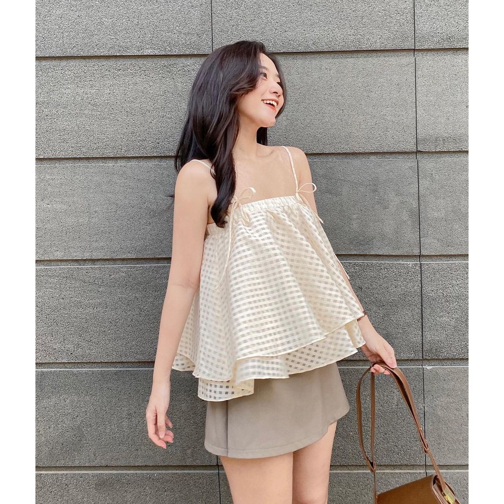 Áo trễ vai 2 dây dáng xòe Linly Store thiết kế bẹt vai bánh bèo A-TVO