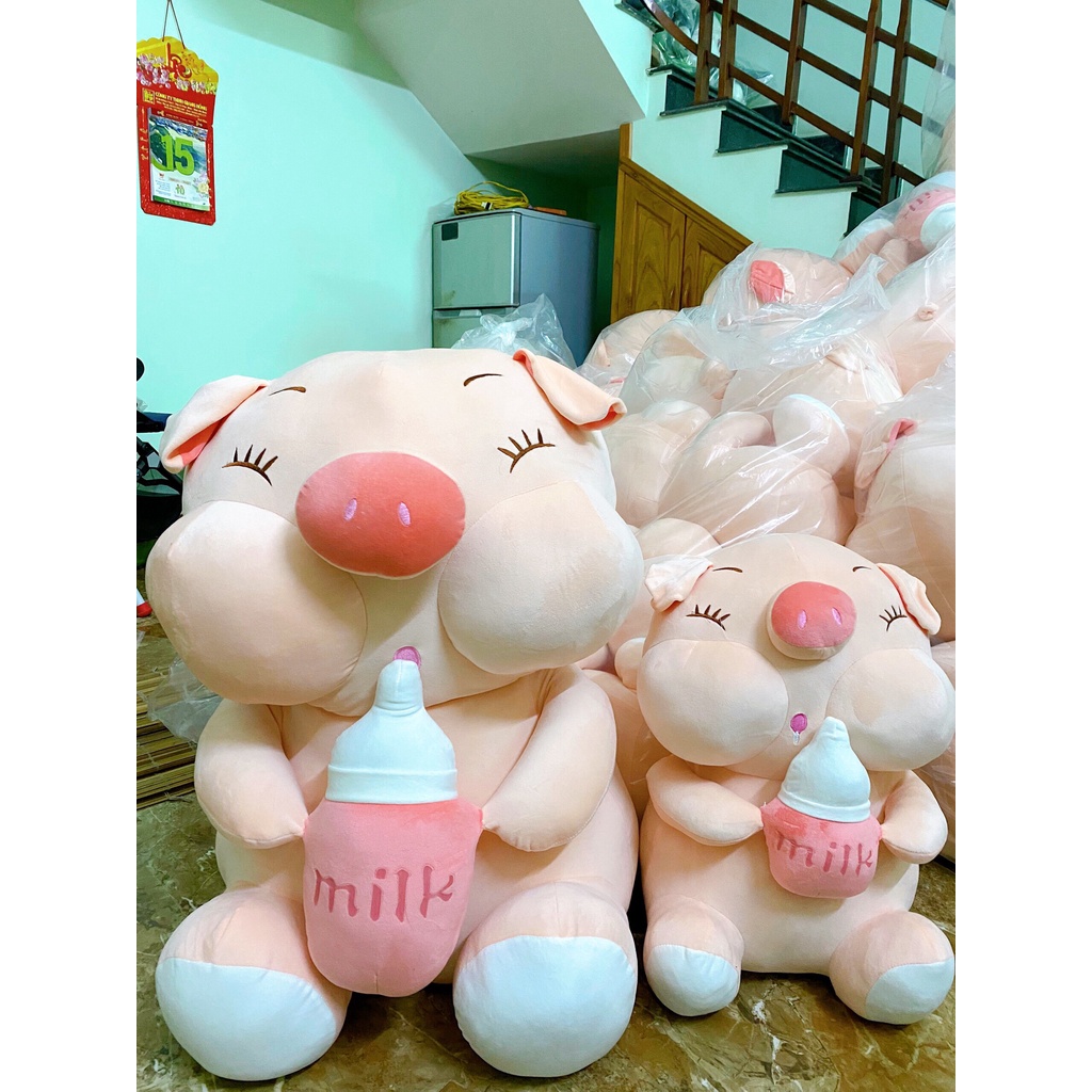 Gấu bông to heo lợn ôm bình sữa, gối ôm hình thú nhồi bông siêu hot TK02