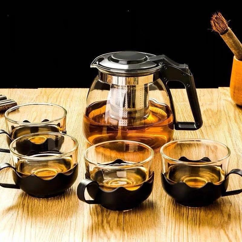 Bộ tách trà thủy tinh có lưới lọc inox 4 ly có quai cầm cách nhiệt, sang trọng đẹp mắt thích hợp cho gia đình, quán cafe