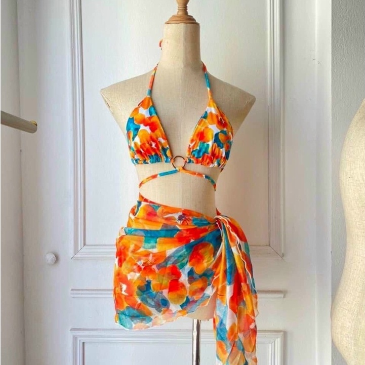 Bikini Nữ Hai Mảnh ComBo 2 Món, Đồ Bơi Đi Biển Hai Mảnh Kèm Khăn Voan Họa Tiết Sang Đẹp Binsports BHV168