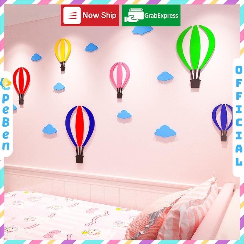 Tranh dán tường mica 3d decor khổ lớn khinh khí cầu dễ thương trang trí phòng cho bé Nhiều Size - EPeBen