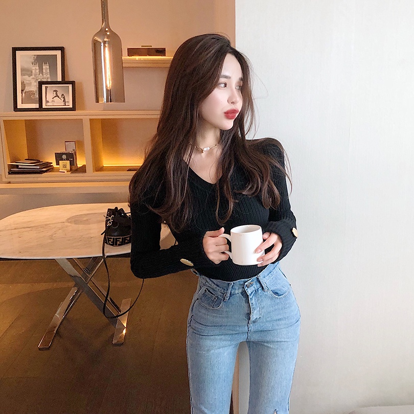 Áo dệt kim ZHELIHANGFEI tay dài cổ chữ V thời trang quyến rũ cho nữ