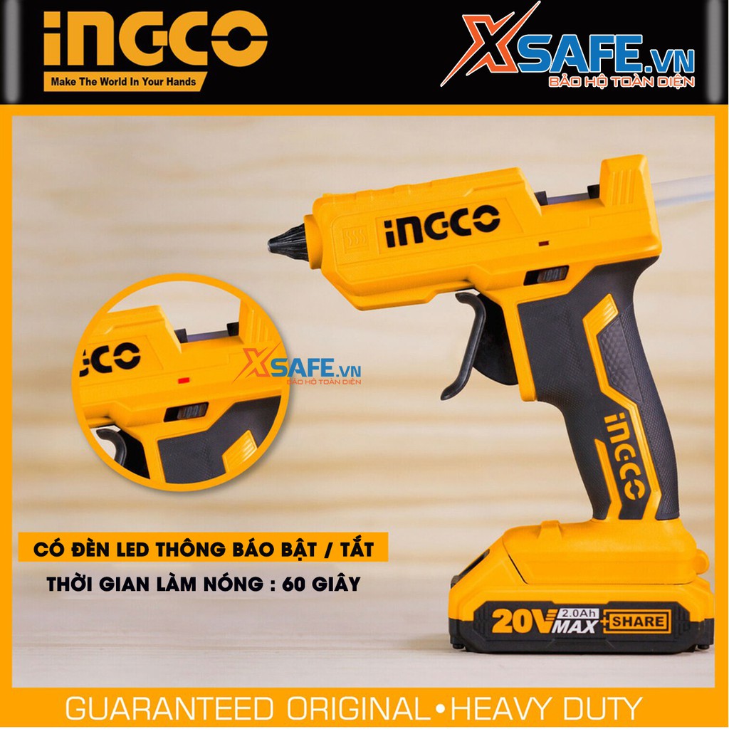 Súng bắn keo nến INGCO CGGLI2001 dùng pin 20V, đường kính keo nến 11.2mm, thời gian làm nóng 60 giây - chính hãng