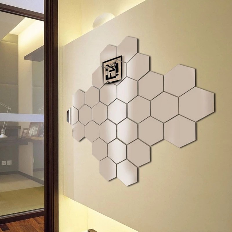Miếng dán tường tráng gương hình lục giác 3D bằng acrylic độc đáo trang trí nhà cửa DIY