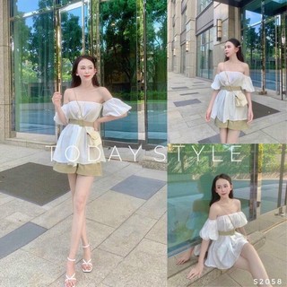 Set áo pelum trắng rớt vai tay phồng + short💐