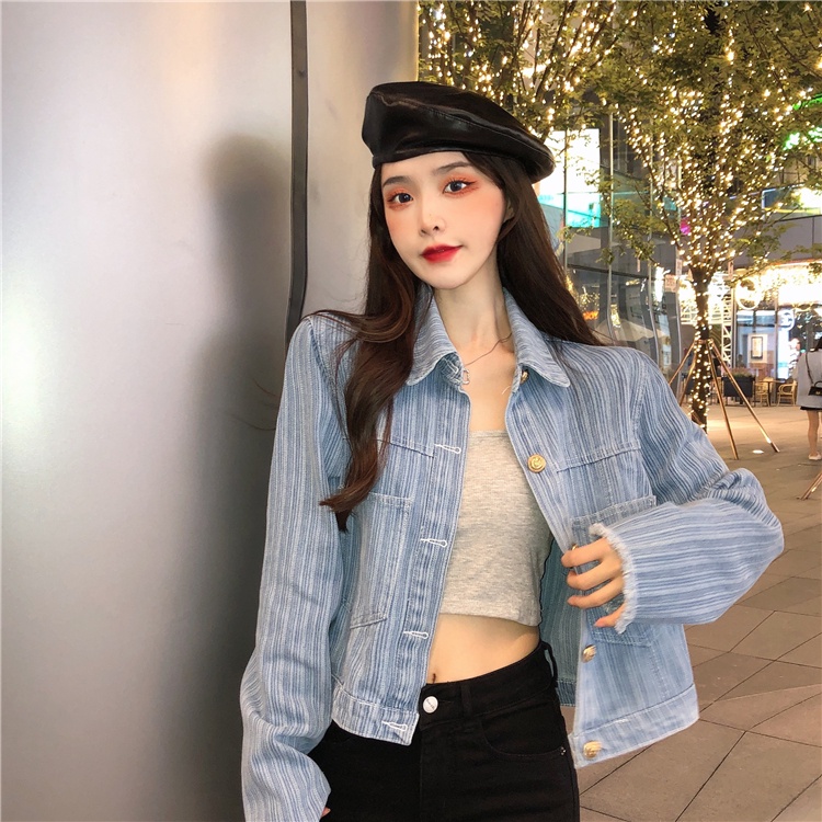 IELGY     Áo Khoác denim Tay Dài Kẻ Sọc Dọc Đơn Giản Dành Cho Nữ