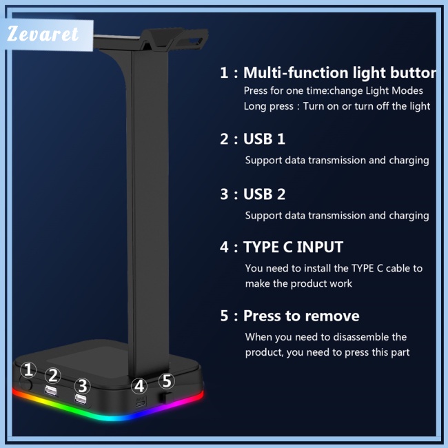 Giá Đỡ Tai Nghe Chơi Game Zevaret Rgb Hai Cổng Usb Chống Trượt Nhiều Màu