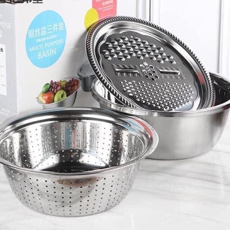 [FREESHIP❤️] Bộ Nạo Rau Củ Quả Đa Năng Inox 3 in 1 - Bộ Rổ Nạo Củ Quả Kèm Chậu