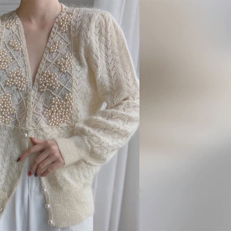 Áo Khoác Cardigan Dáng Rộng Đính Ngọc Trai Nhân Tạo Thời Trang Cho Nữ