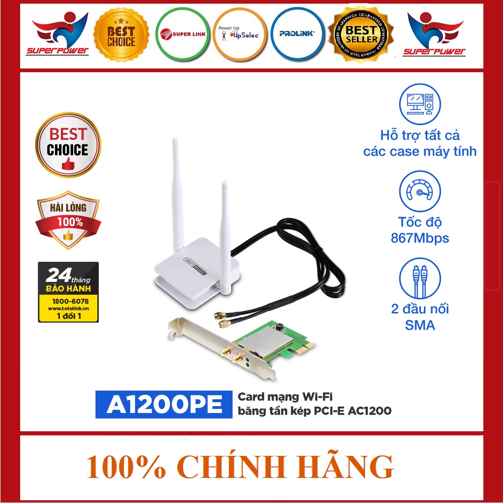 [Mã 254ELSALE giảm 7% đơn 300K] Card Wifi 2 anten AC1200 Wireless Dual Band PCI-E Adapter A1200PE