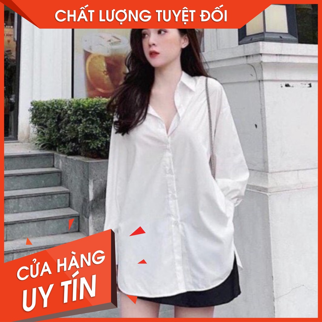 Áo sơ mi nữ trắng dài tay chất thô lụa mềm mịn, oversize - Áo sơ mi nữ trắng dài tay form rộng đuôi tôm xẻ vạt