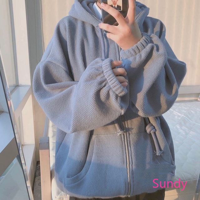Áo khoác hoodie dáng rộng phối khóa kéo kiểu Hàn Quốc thời trang cho nữ
