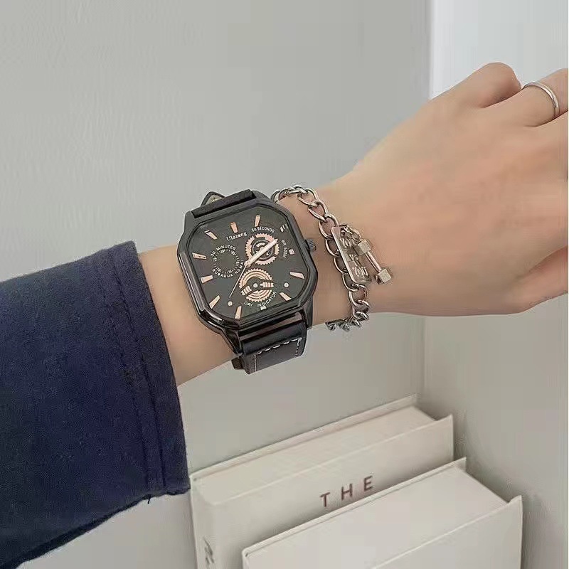 Đồng Hồ Quartz Mặt Vuông Với Dây Đeo Da Cá Tính Cho Nam