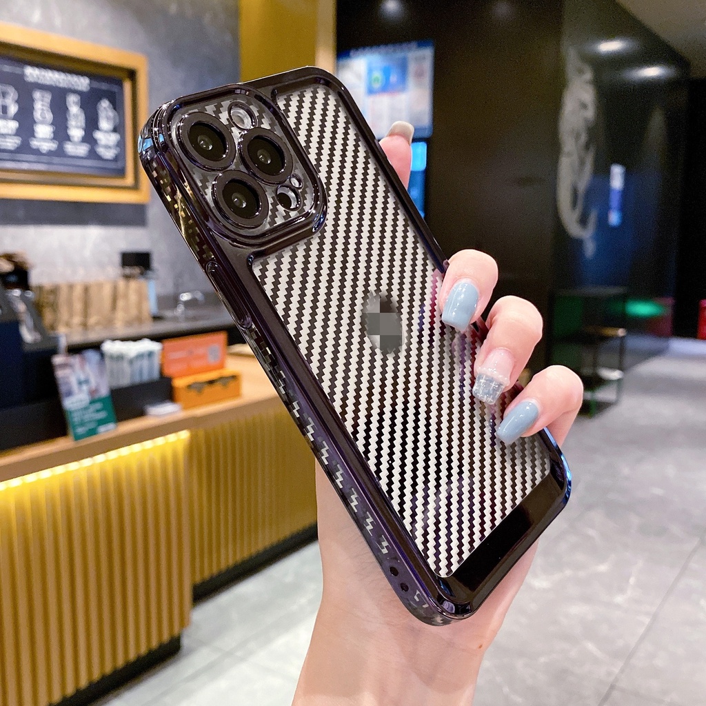 Sang Trọng Ốp Điện Thoại Silicon Mềm Trong Suốt Chống Sốc Mạ Sợi carbon Cho iphone 12 11 13 pro max x xr xs max 7 8 plus