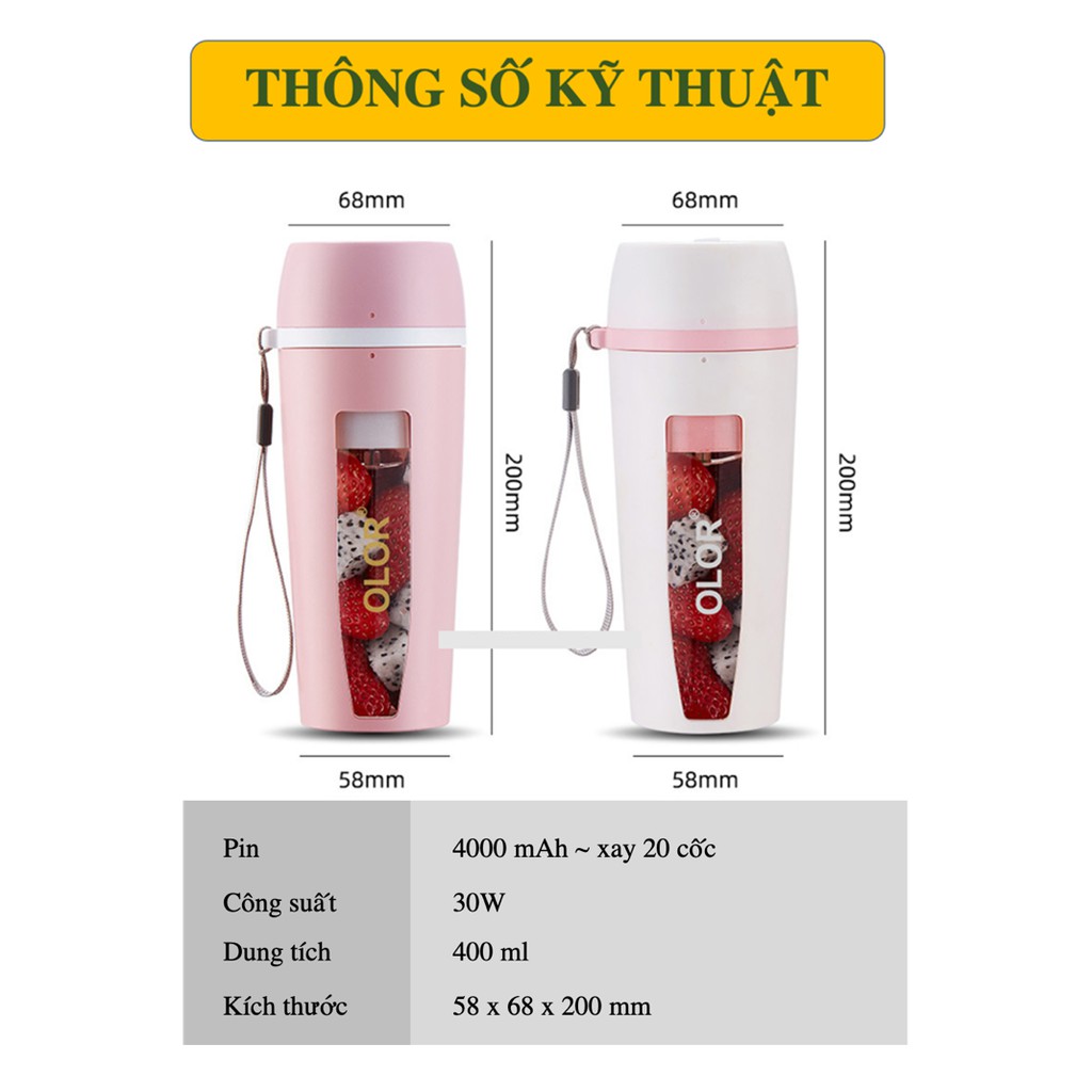 Máy Xay Sinh Tố Cầm Tay 6 Lưỡi Dao Pin 4000 mAh Sạc USB | Máy Say Trái Cây Hoa Quả Mini OLOR Dung Tích 400ml